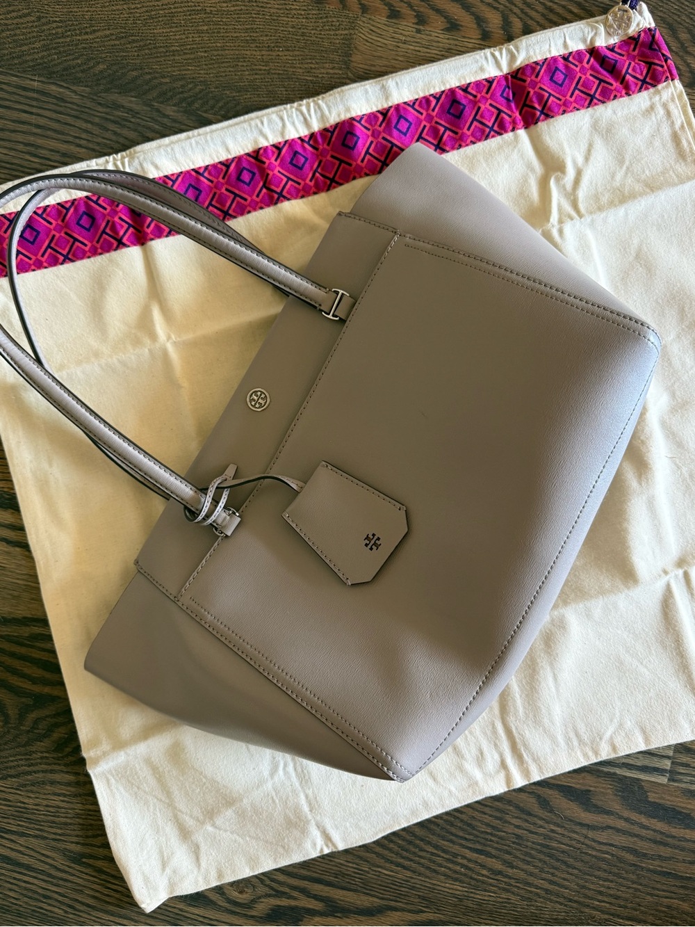 Tory Burch Taupe Leather Tote with Logo Tag